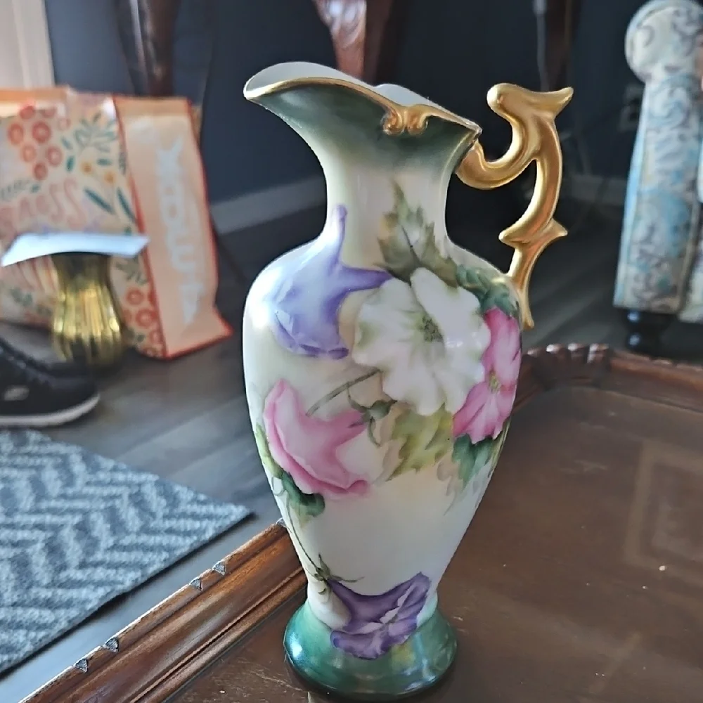 Helen Hale Gorgeous Vintage Hand Painted Floral Ceramic Vase with Gold Handle